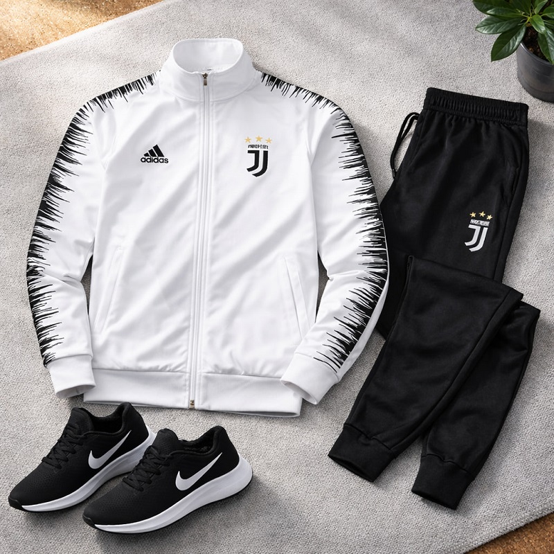 پکیج ست سوییشرت شلوار یوونتوس مردانه مدل R77  کفش ورزشی مردانه Nike مدل Tigo زیره سفید